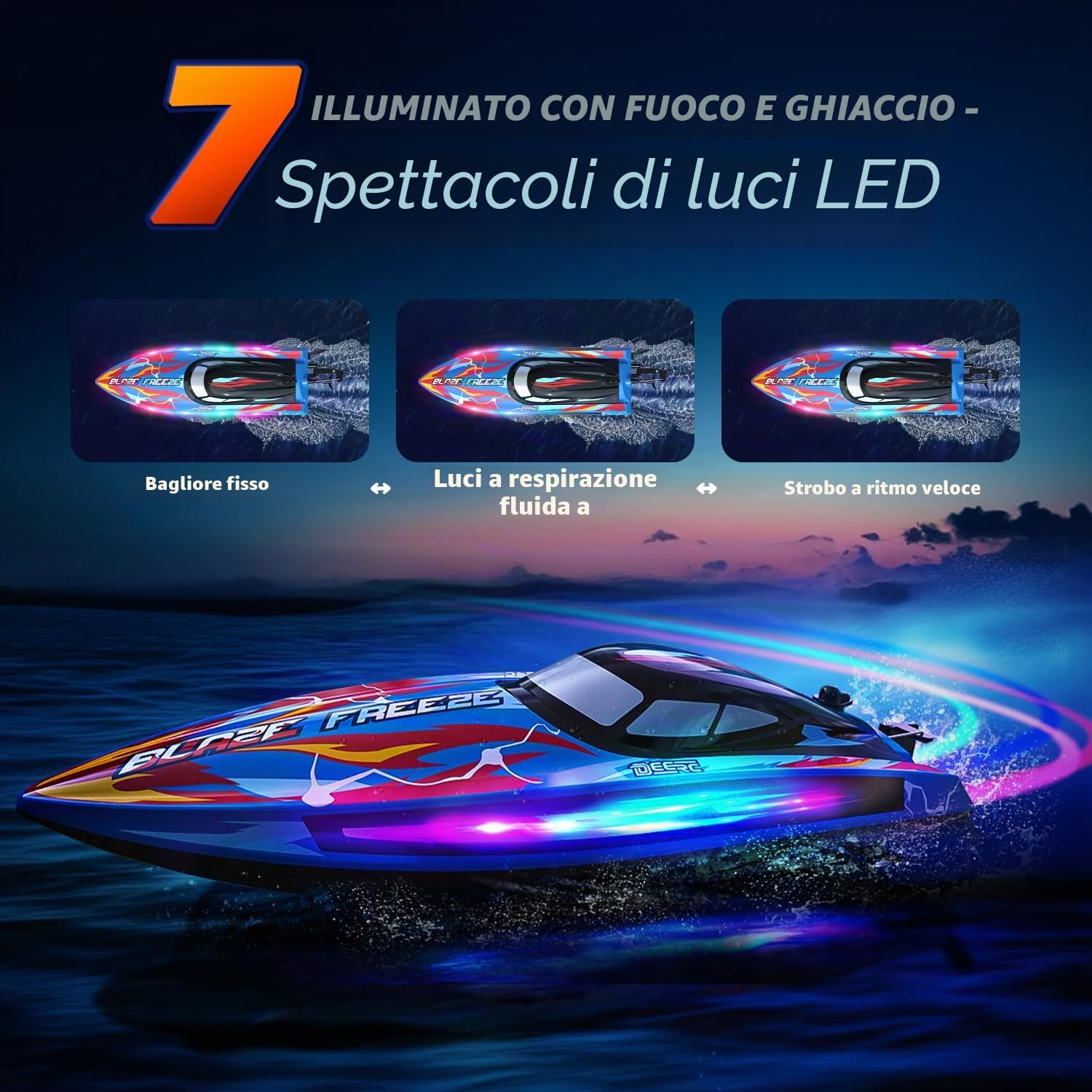 DEERC Barca Telecomandata veloce per piscina e lago con luce LED, 20+MPH, 40+ Mins, motoscafo da corsa telecomandato autoraddrizzante per bambini, giocattolo acquatico estivo a 2,4 GHz