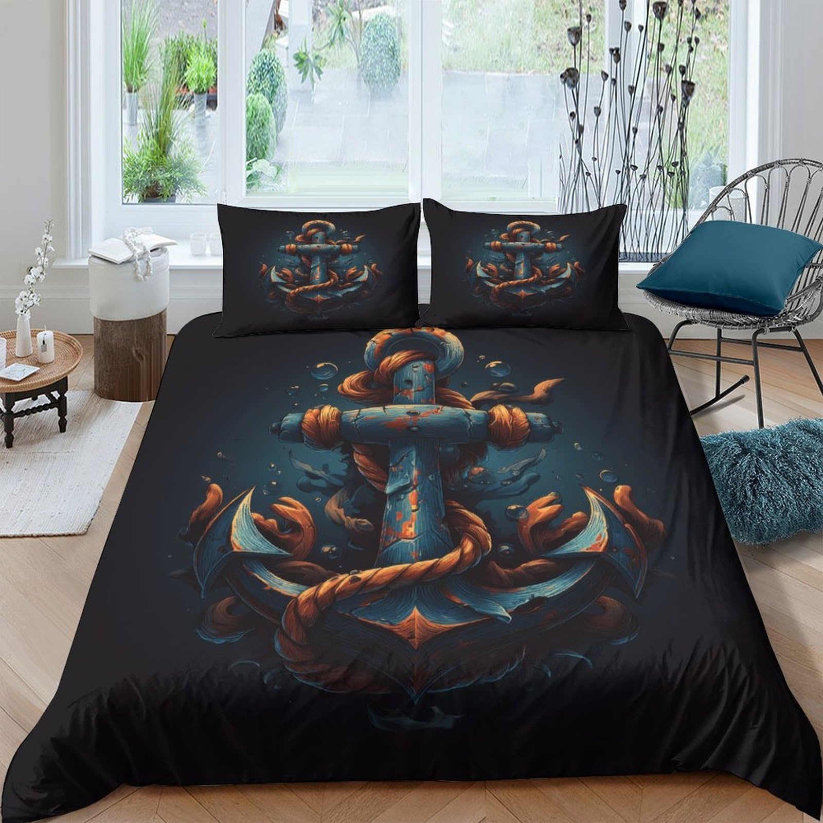 Ctjqhvkz Style-10 3D Printed Nautical Anchor Fitted Sheet Microfiber Soft Black Bed Cover Rope Decor For Bedroom Guestroom Protection Single（135X200cm）