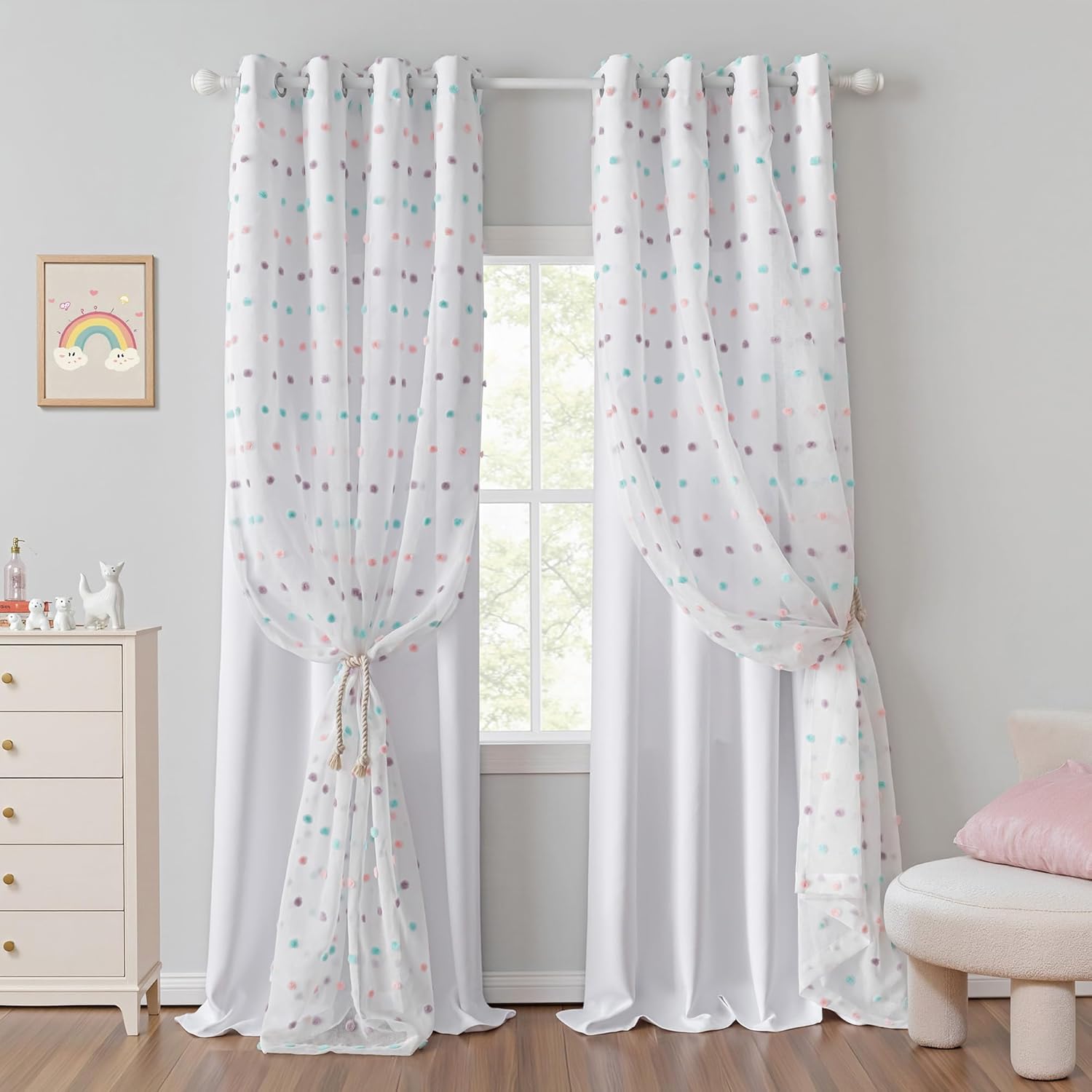 MYSKY HOME 90 Inches Long White Curtains with Rainbow Pom Pom Sheer for Living Room Nursery Curtain Girl Kids Bedroom Double Layer Room Darkening Window Panels for Toddler Grommet, 52" Wide, 2 Pieces