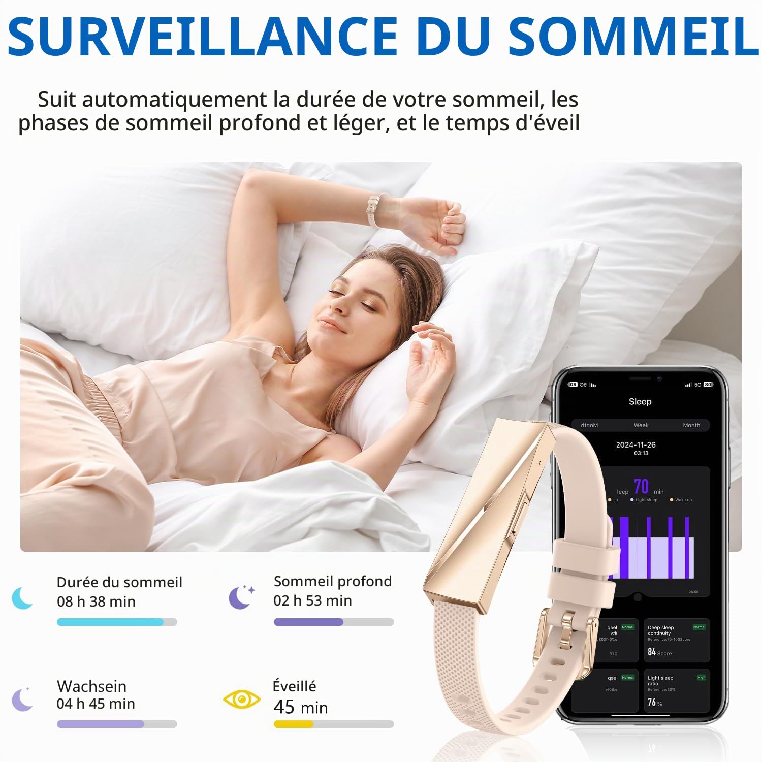 Bracelet Connectée Santé sans Écran, 22g Ultraléger Podometre, 24/7 Montre Tension Arterielle, Montre Connectée Femme, 35 Jours Autonomie Étanche 1ATM Smartband, 170+ Sports Fitness Tracker