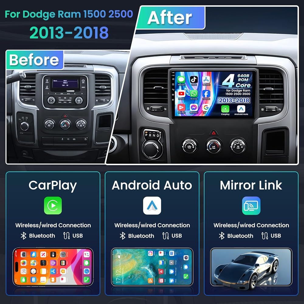 4Core+64G 9" Car Radio for Dodge Ram 2013 - 2018 with Wireless CarPlay 2