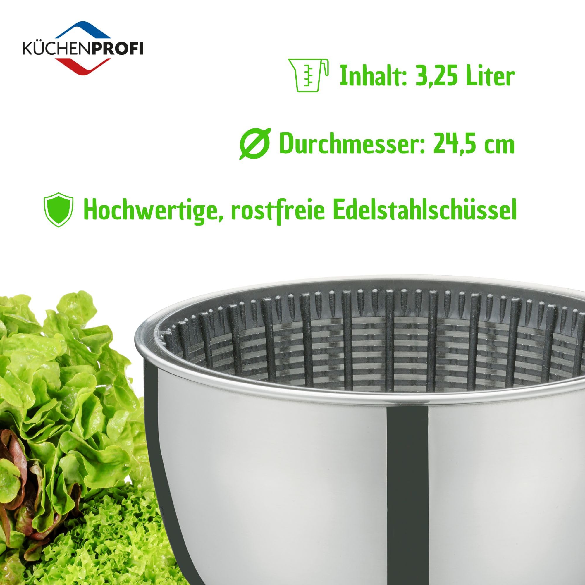 Küchenprofi Centrifugador de ensalada Wave de acero inoxidable, con cuerda, ensaladera con tapa, placa base y cesta, desmontable para facilitar la limpieza, contenido: 3,25 L, diámetro de 24,5 cm