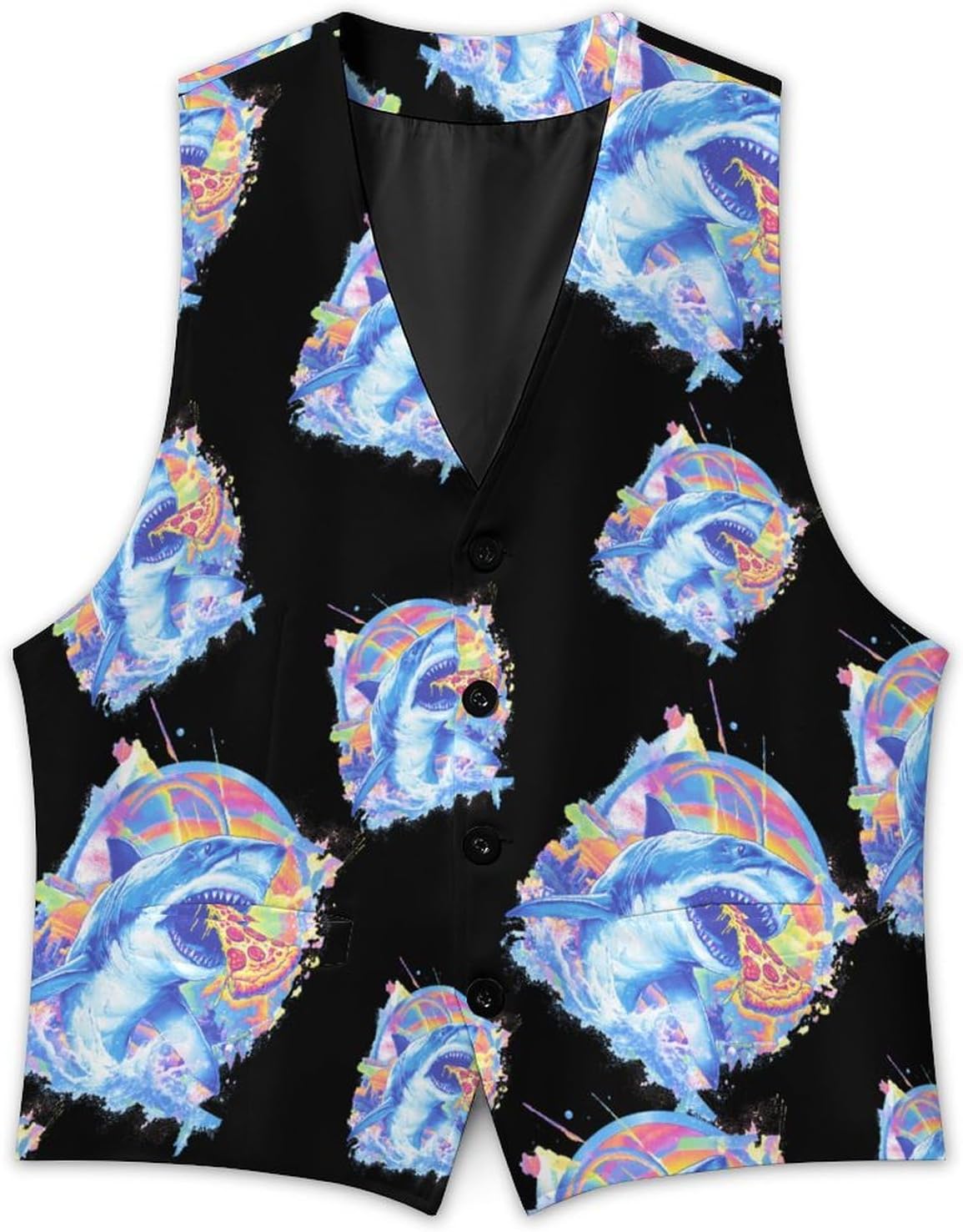 Shark Eating Pizza Men's Suit Vest Business Tuxedo Dress Vests Waistcoat Wedding Party