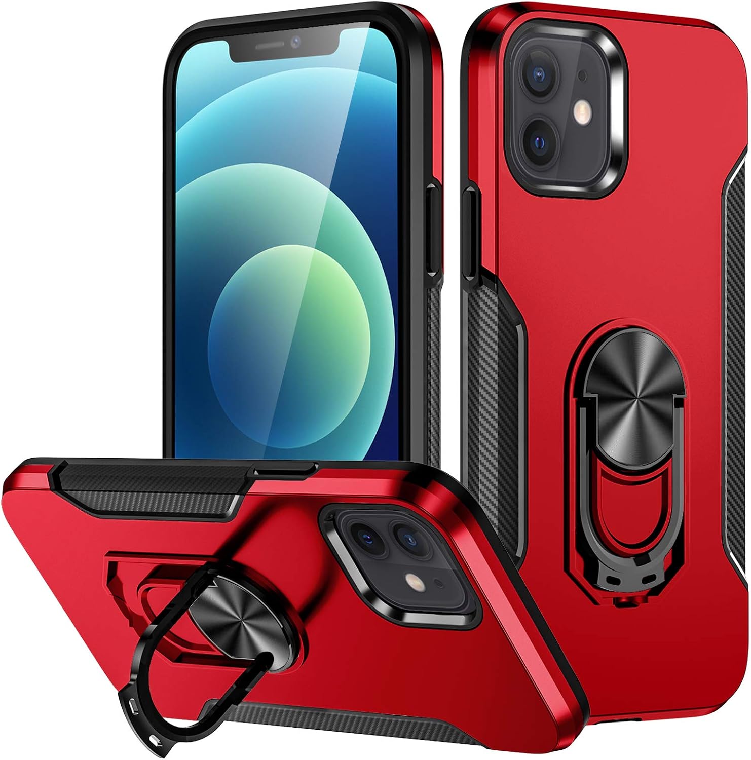 Charlam Compatible with iPhone 12/12 Pro Case 6.1 Inch for Women Men, Slim Shock-Resistant Scratch-Resistant Shock-Absorbing Double Protective Bumper Phone Cases Cover with Ring Kickstand 2020, Red