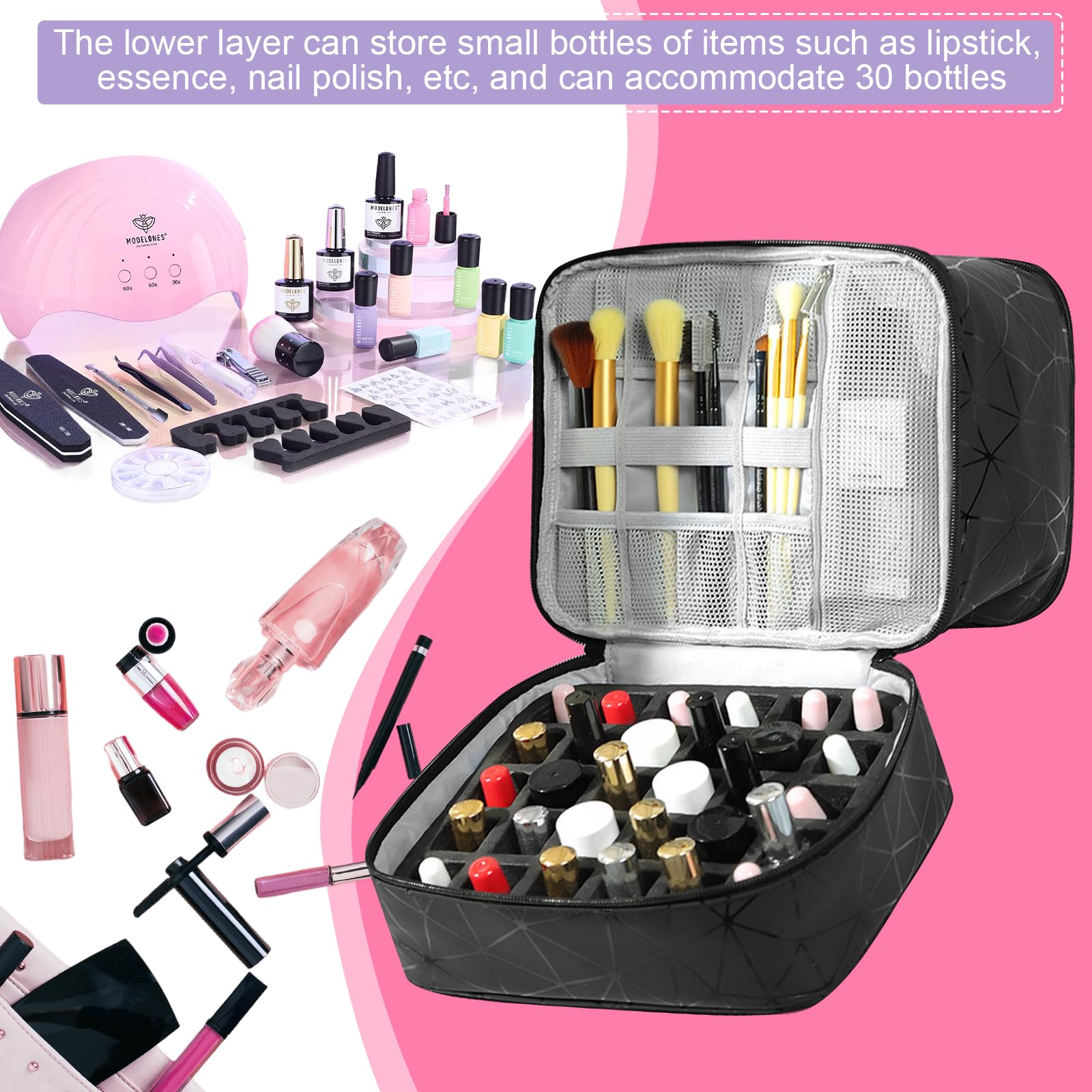 HA BIN Organizador de Esmaltes de Uñas Doble Capa para 30 Botellas + Lámpara Bolsa de Viaje Impermeable con Compartimentos, para Manicura Profesional y en Casa