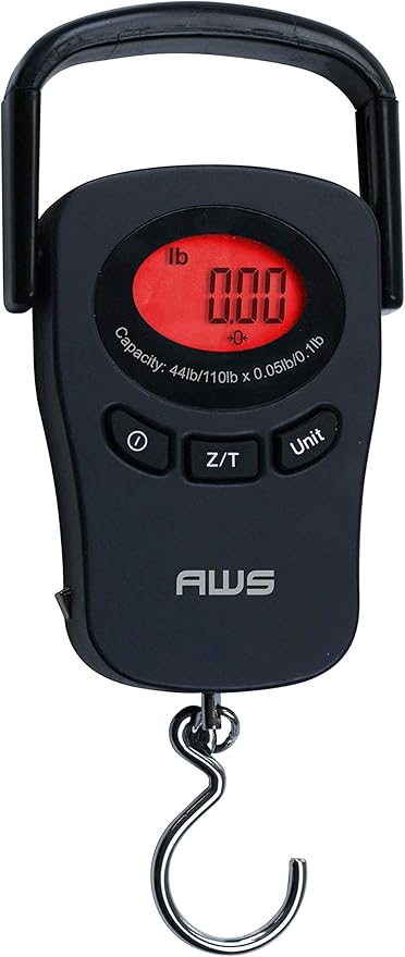 American Weigh Scales PK-110 Digital Hanging Scale – 110lb x 0.1lb Capacity, Red Backlit LCD Display, Portable Electronic Luggage & Fishing Scale (Black)