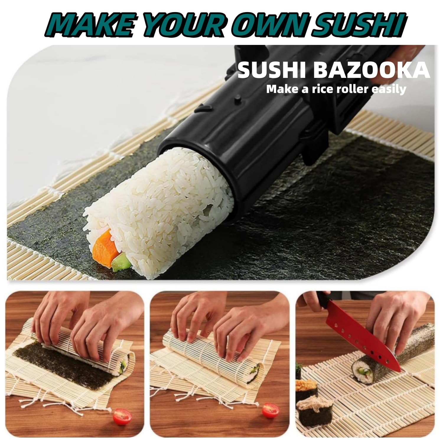 Set per la Preparazione di Sushi, 2-Piece Maker Sushi con Tappetino in Bambù, Strumento per Rullo fai da te per Principianti a Casa (Nero)