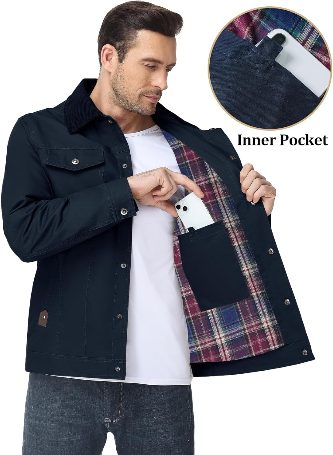 Flygo Mens Flannel Lined Shirt Jacket Cotton Corduroy Turndown Collar Snap Button Rugged Cargo Trucker Jacket Multi Pockets - Image 5