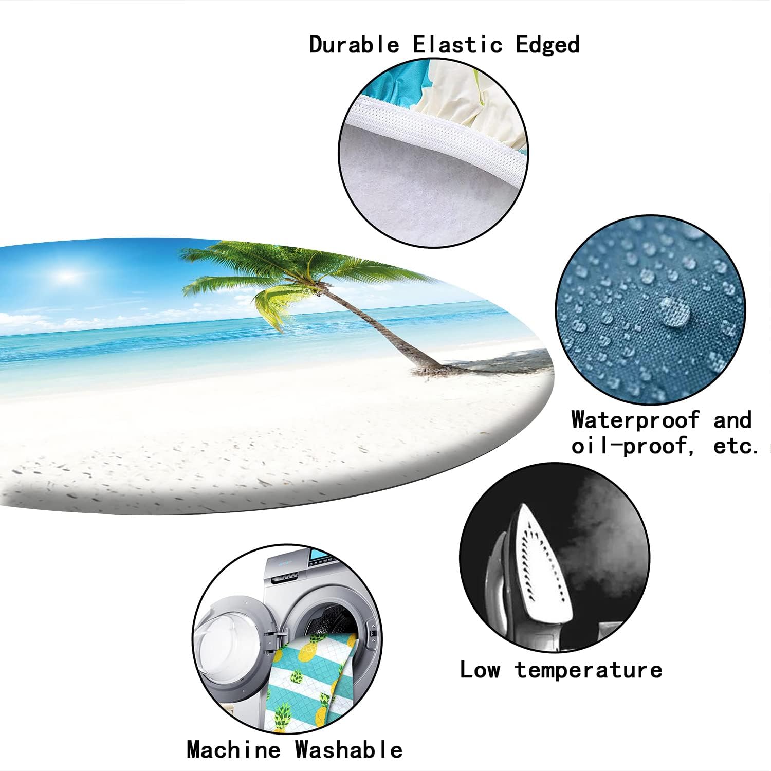 Beach Pattern Round Fitted Tablecloth,Elastic Edge,Suitable for Catering and Kitchen Can Wipe Dining Round Table coverr,Azure Blue,for 36" to 44" Round Tables