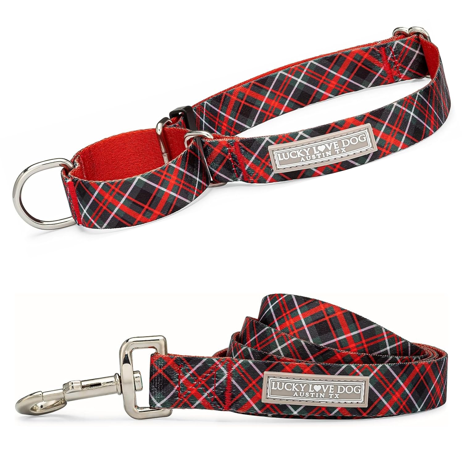 Lucky Love Dog Martingale Dog Collar & Leash - Adjustable, No-Slip, Durable, Comfortable, Soft Webbing, & Stylish Patterned Collar & Leash Set for