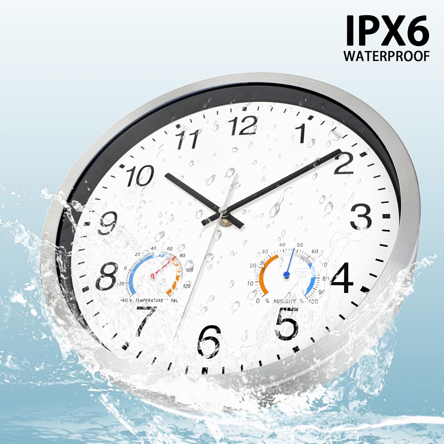 Caysie 12 Inch Sealed Indoor Outdoor Clocks Waterproof with Thermometer and Hygrometer Combo, Silent Battery Operated Quartz Metal Wall Clock for Patio Pool Bathroom Home (White)
