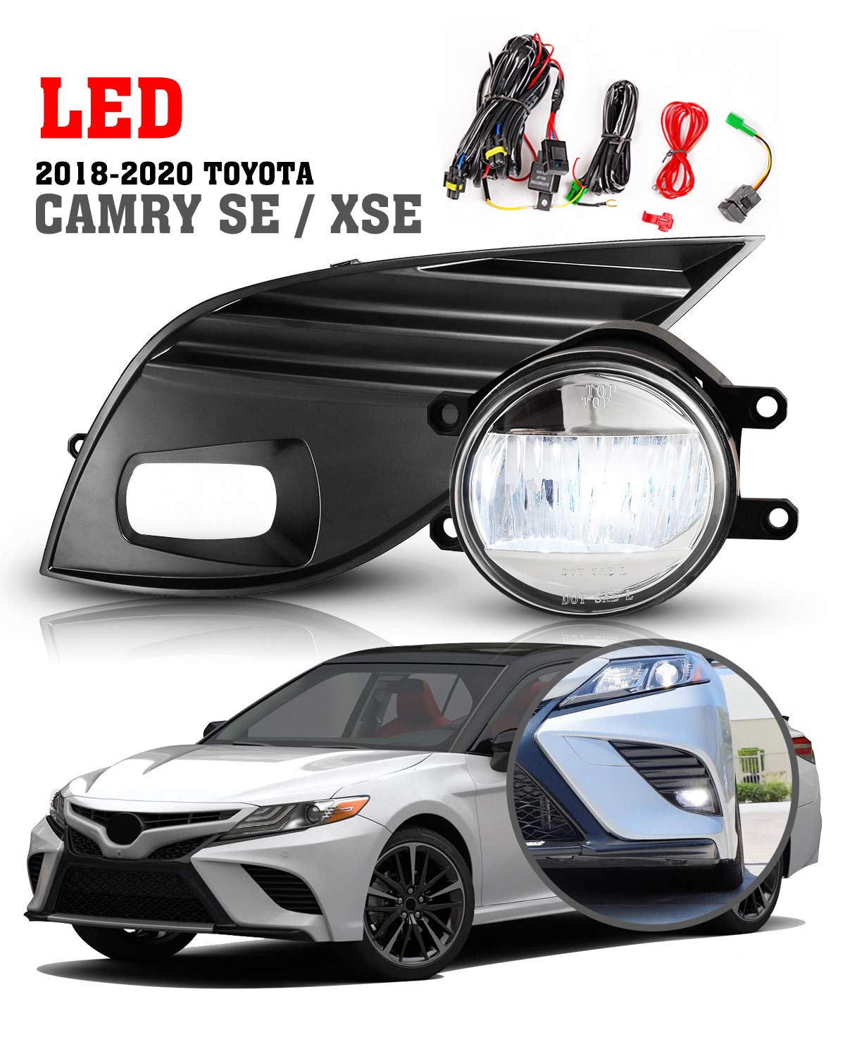 AUTOFREELED Fog Lights For 2018 2019 2020 Camry SE XSE(not for hybrid model) Driving Lamp Assembly included Wiring Kit & Switch 1 Pair- (Clear Glass Lens)