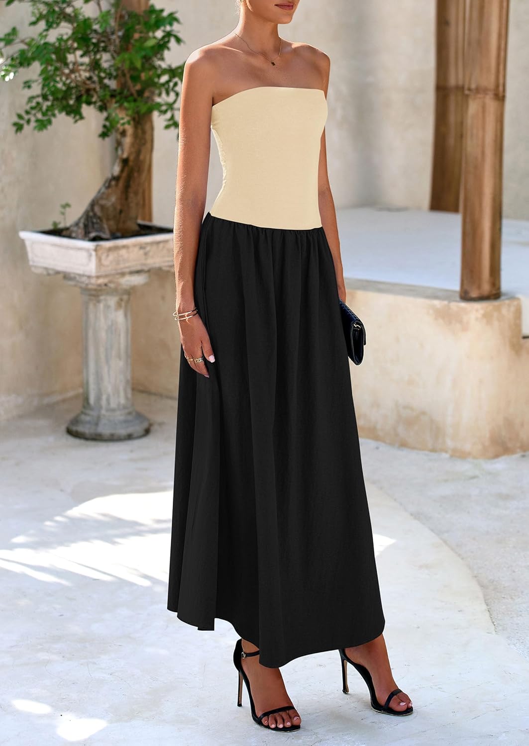 PRETTYGARDEN Women's 2026 Spring Strapless Maxi Dresses Patchwork Long Flowy Pockets Elegant Going Out Summer Tube Top Dress - Image 4