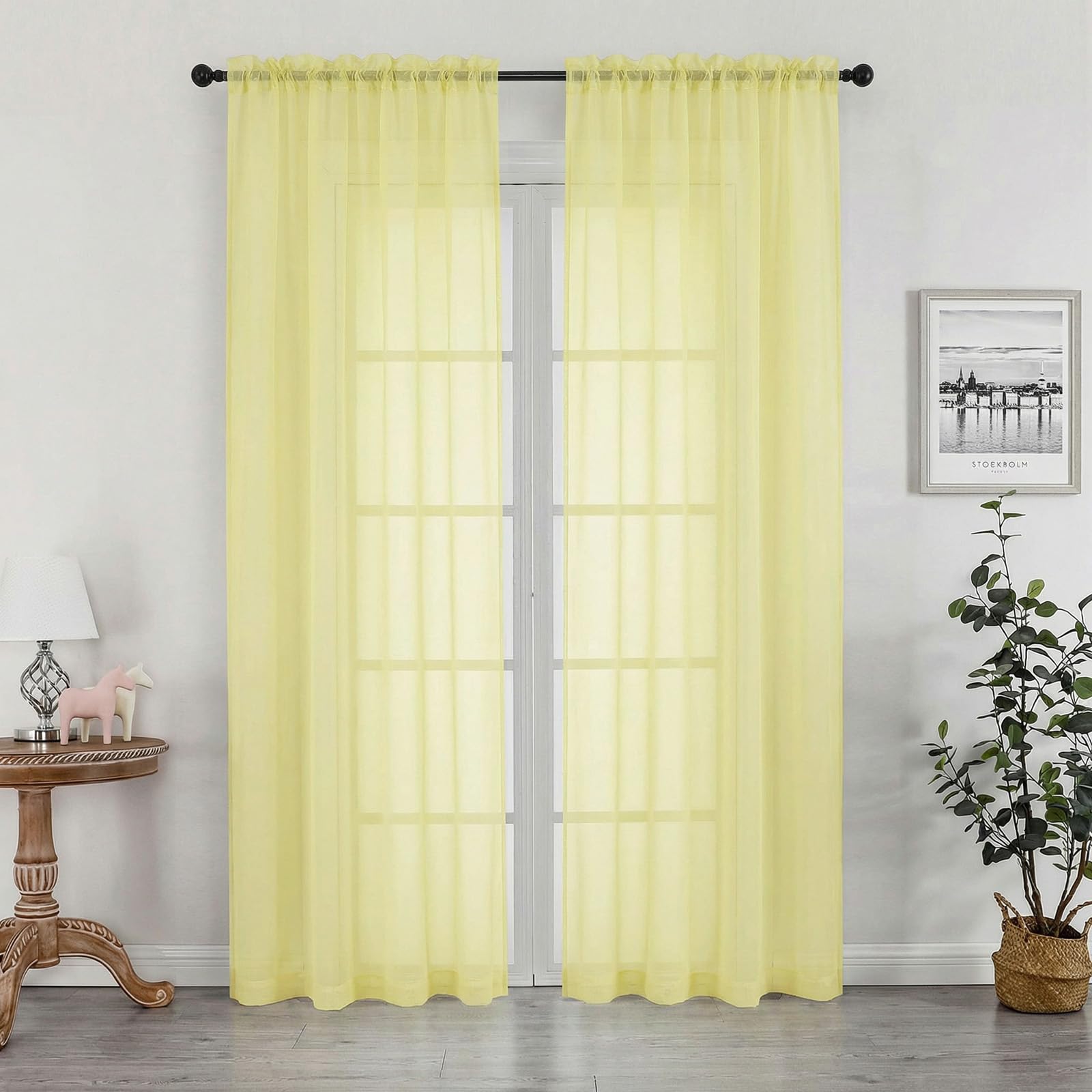 OWENIE Sheer Curtains 84 inches Long 2 Panels Set for Living Room/Bedroom, Rod Pocket Voile Sheer Panel Drapes, Airy Soft Fabric Window Treatments, 2pcs, Each 42" W x 84" L, Light Yellow