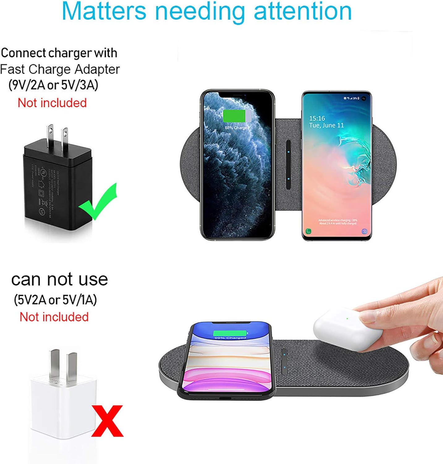 30W Fast 2 in 1 Wireless Charging Pad, Qi Dual Wireless Charging Mat for Apple Airpods iPhone 13/13 pro/12/11/SE/X/8/,15W Dual Wireless Charger Station for Samsung Galaxy Note and Qi-Enabled Phones