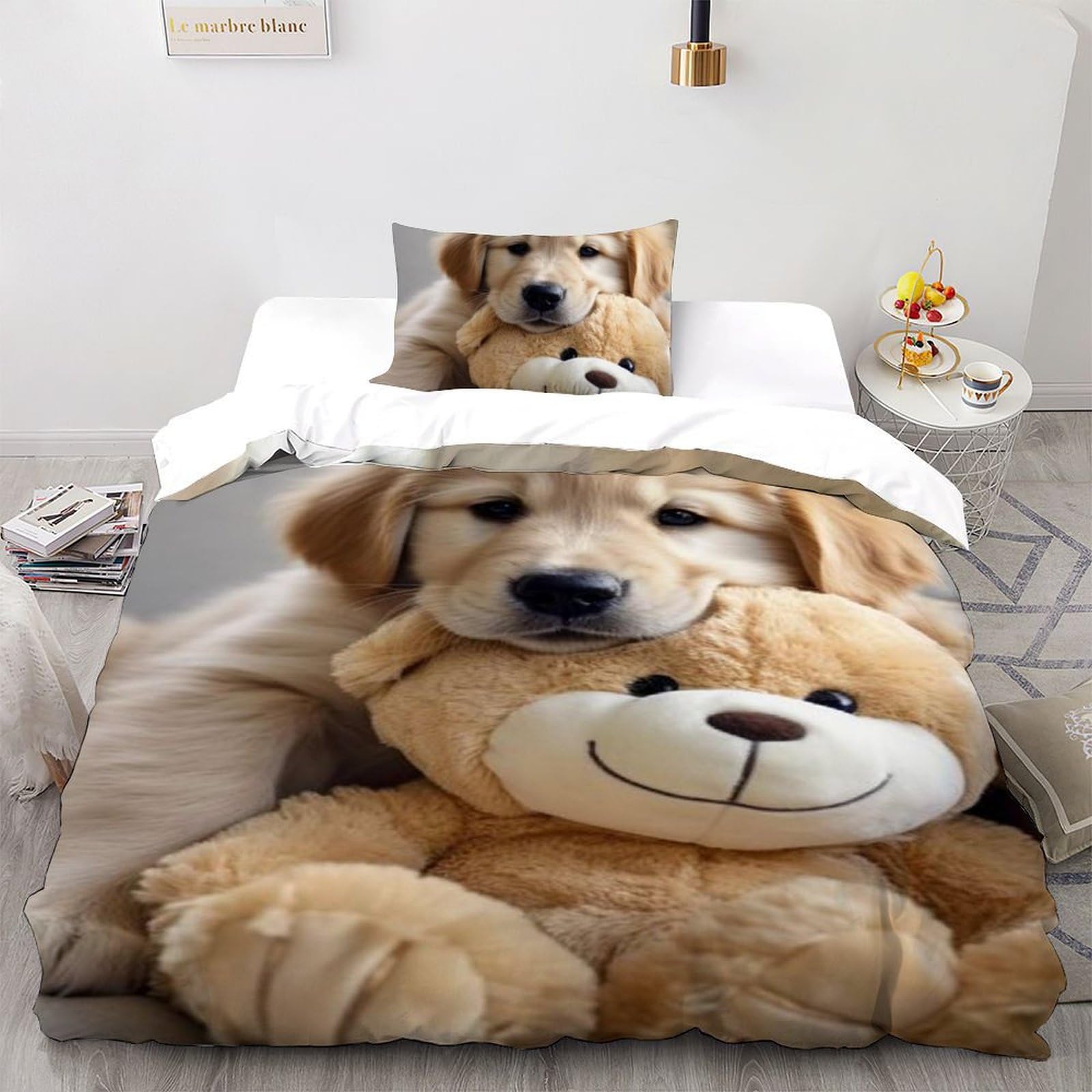 Housse de couette chiots pour lit simple résolvant le glissement de couette avec son zip