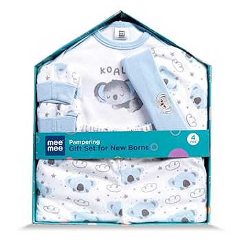Mee Mee New Born Baby Gift Set | Soft Cotton Clothing Essentials for Infants/Baby Girls, Boys | Baby Shower Clothing Hamper (4 Pieces, Blue)| Ideal Gift for New Born Baby - image, photos