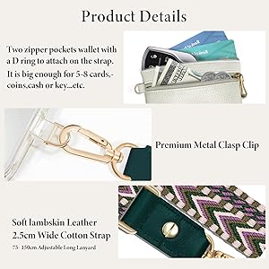 UKON Adjustable Phone Lanyard Crossbody Strap With Wallet Clip-and-Go Strap with Zippered Pouch Widened Phone String for iPhone Hands-Free for Travelling Concerts