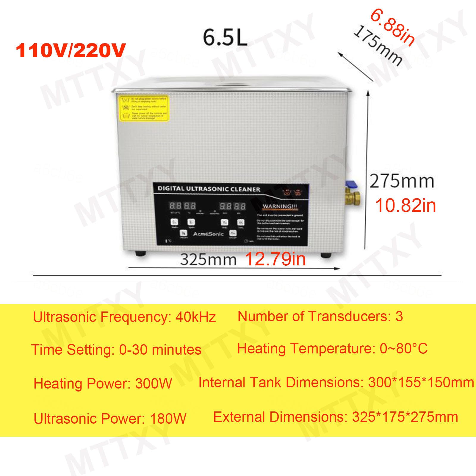 Myjka Ultradźwiękowa 6,5 ​​l/15 L/30 L, Myjka Ultradźwiękowa Ze Stali Nierdzewnej 40 KHz Z Cyfrowym Timerem I Podgrzewaczem, Regulacja Czasu 0-30 Minut Dla Okularów Ustalających Auto Część,6.5L