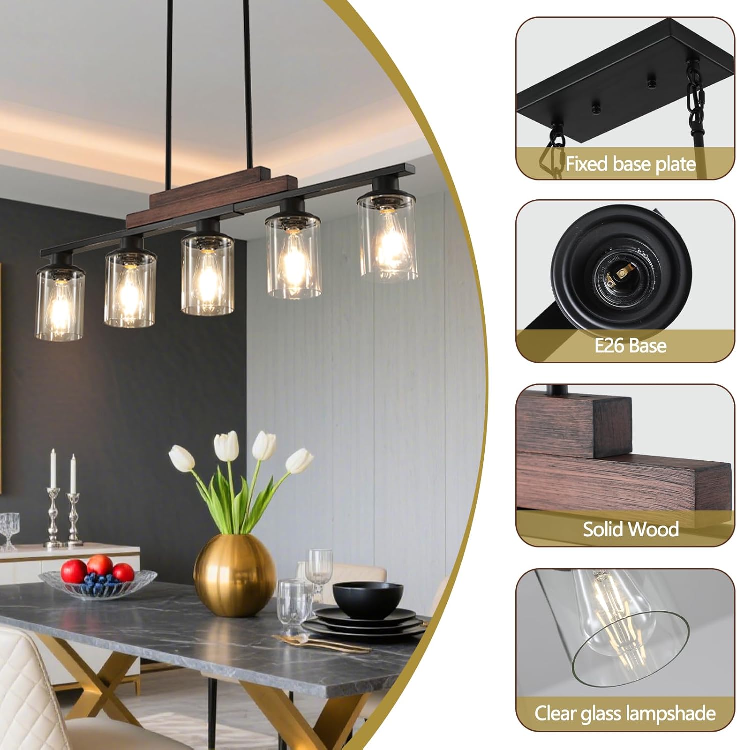 37" inch 5-Light Kitchen Island Lighting,Black Modern Rustic Wood Ceiling Pendant Light Fixtures, with Clear Glass Shade, Dining Room Light Fixture/Chandelier Over Table