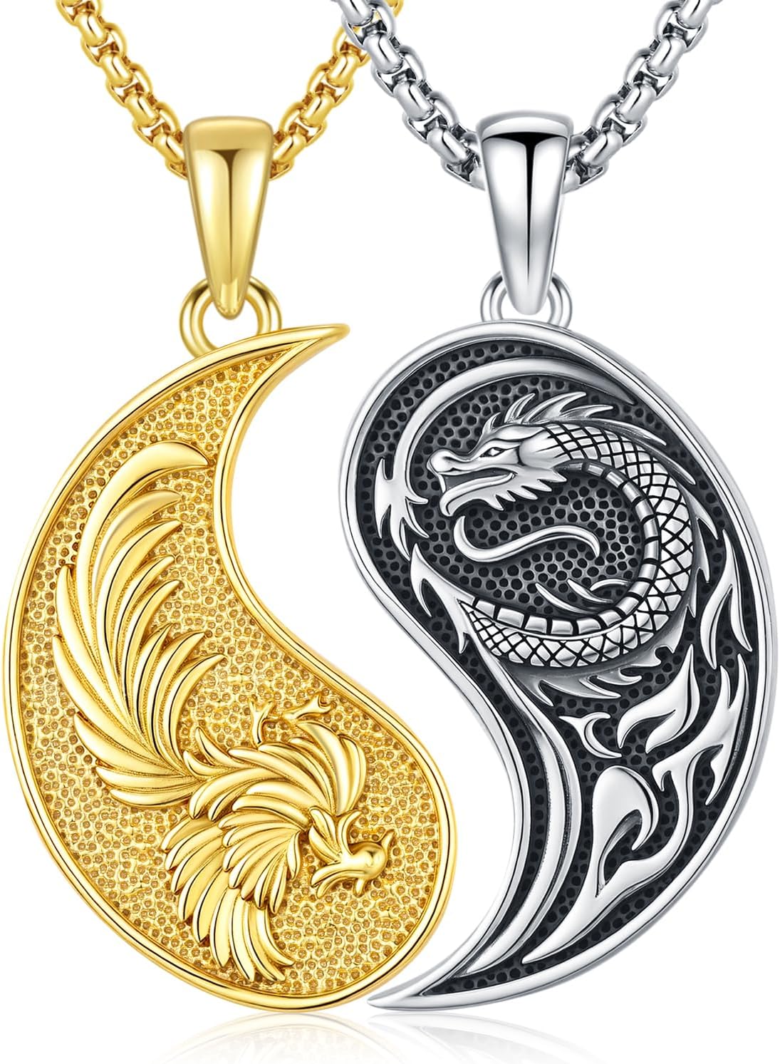 MEDWISE Dragon Phoenix Yin Yang Necklace Double 925 Sterling Silver Dragon Phoenix Pendant Partner Friendship Couples BFF Pendant Necklace Yin Yang Jewelry Matching Set for Her Him Women Men
