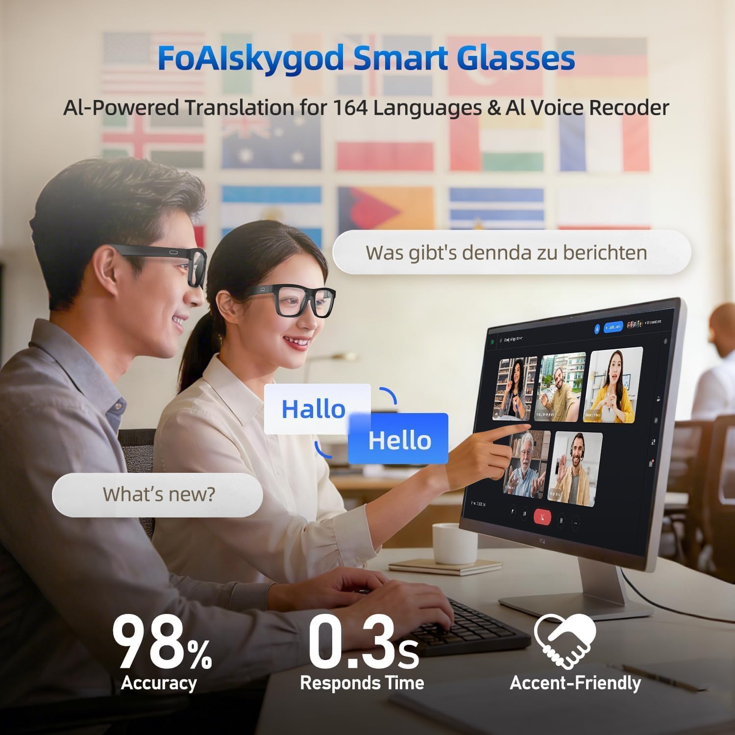 AI Smart Glasses for Men & Women, Powered by ChatGPT, Bluetooth Translation Glasses with 144 Languages, 11H Music Play, UV 400 Protection for Daily Use, Travel Black Frame+Black Blue Photochromic Lens