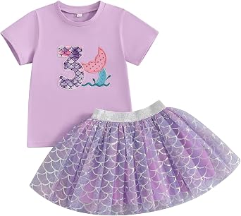 Toddler Girl Mermaid Birthday Outfit Cute Short Sleeve T-Shirt Top Princess Party Tutu Tulle Skirt Summer Clothes