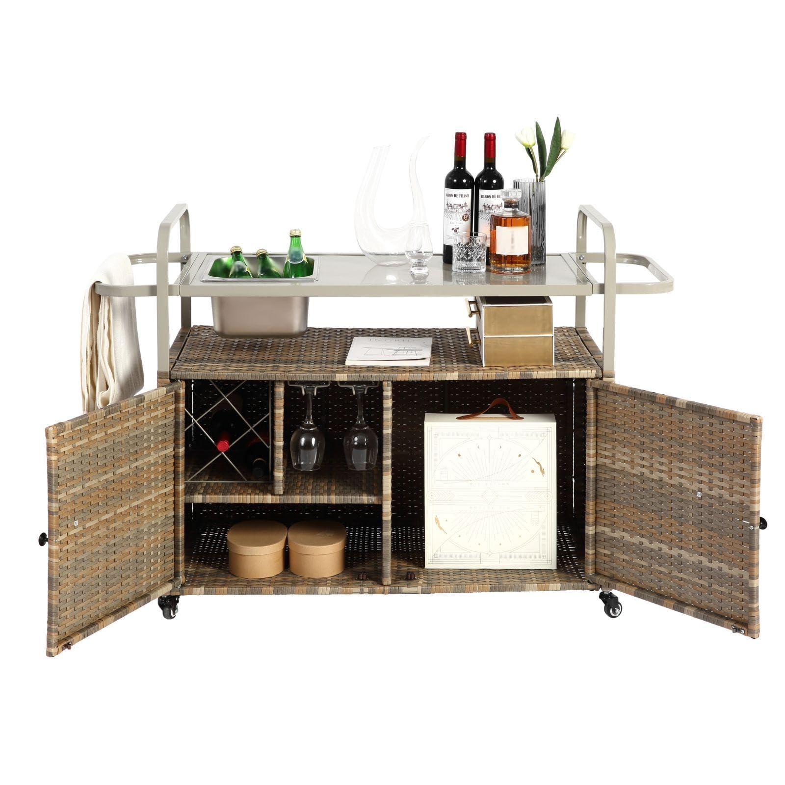 Mesa de Bar para Exteriores, Carrito de Bar de Mimbre con Armario, Carrito de Servicio para Patio con Superficie de Acero, con una cubitera, Ruedas con Bloqueo, Color Beige