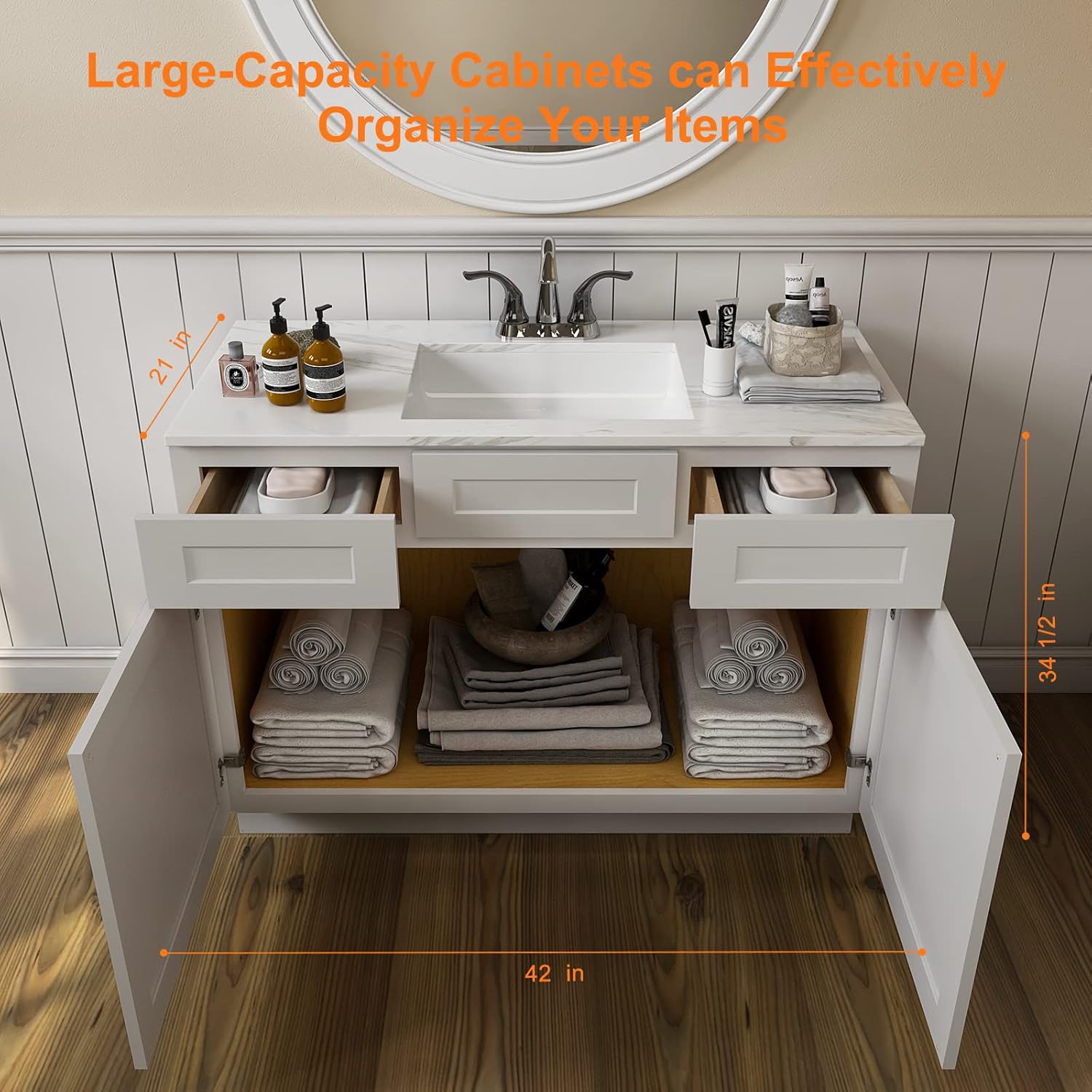LOVMOR 42" Bathroom Vanity, Kitchen Base Cabinet, Single Sink Storage Unit, Pedestal Sink Storage Cabinet, Large Capacity for Laundry Room, Kitchen, Shower Room & Utility Room(Light Gray)