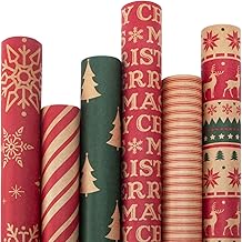 Ribbli Christmas Wrapping Paper - Kraft Paper with Snowflake/Tree/Red Stripe/Merry Christmas Pattern, 6 Rolls Red and Green Holiday Assortment - 30 inch x 10 feet Per Roll