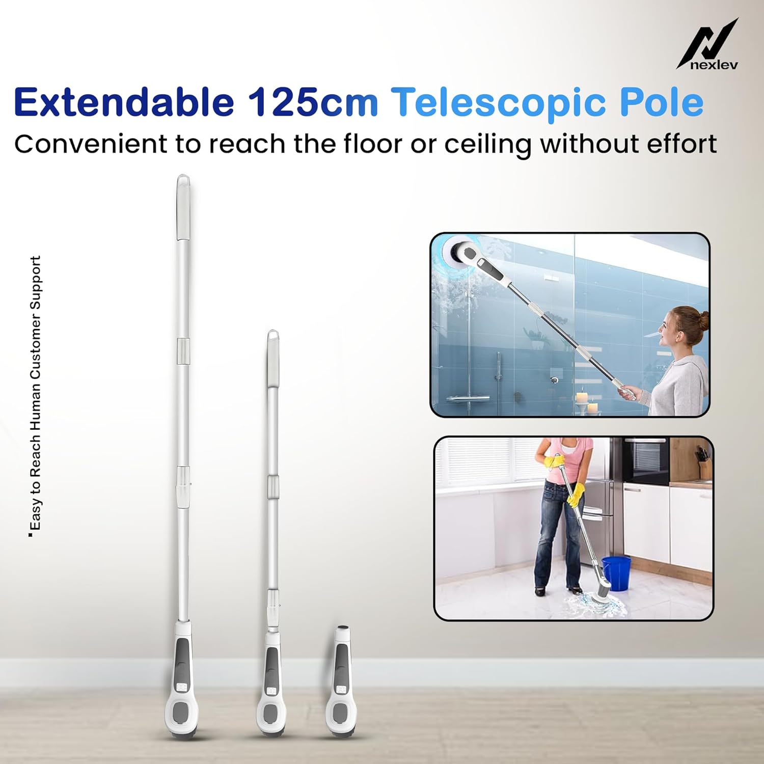 nexlev Electric Spin Scrubber, Cordless Cleaning Brush IPX7 Waterproof with 6 Replaceable Brush Heads, 2H Power Dual Speed, Shower Scrubber with Extension Handle for Bathroom Tub Tile Floor Car