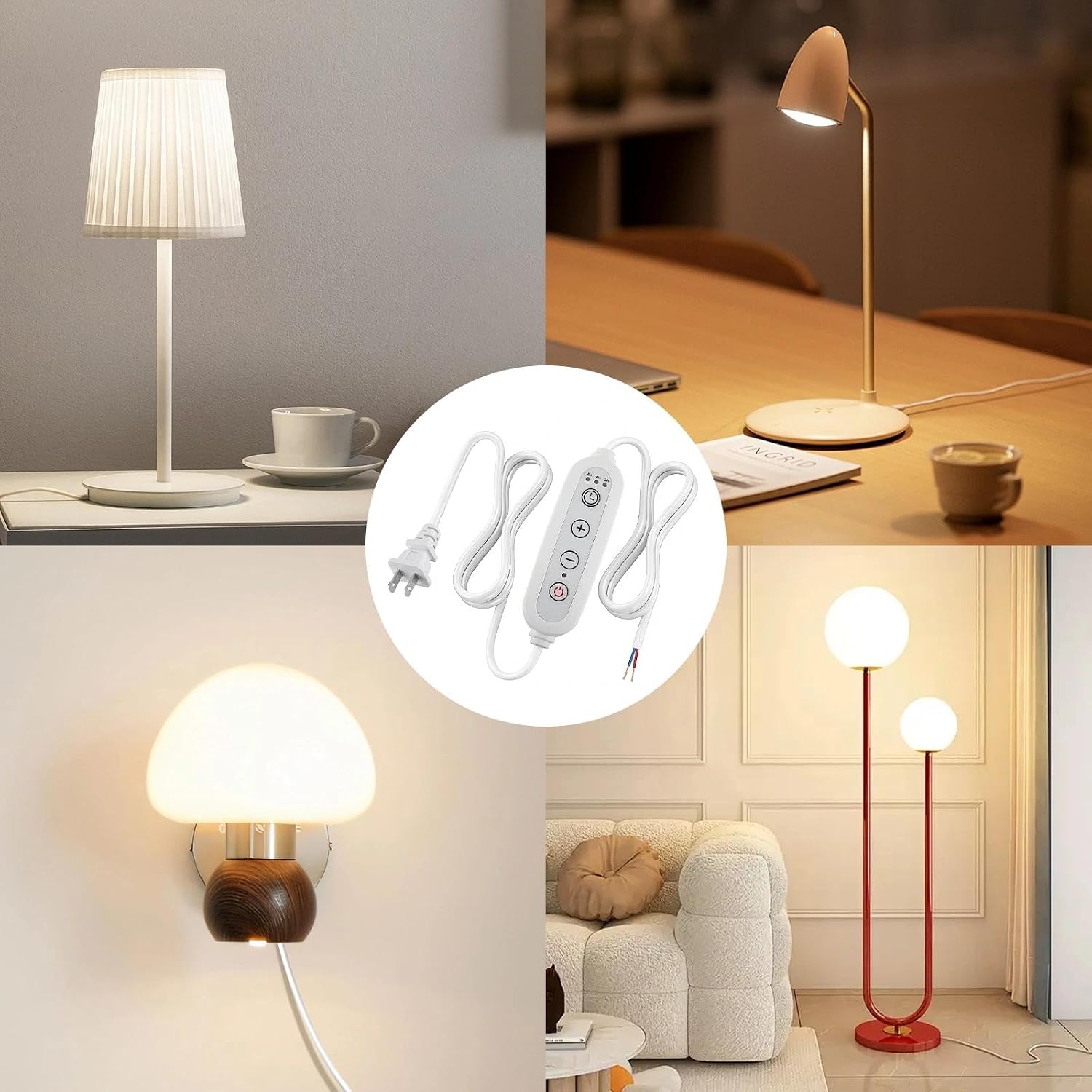 Lamp Dimmer Switch with Cord, Plug-in Dimmer 110-120V Indoor Timer Power Cable with Four Button,Set 2H/4H/8H Automatic Light Switch Timer, 1 Pack, White
