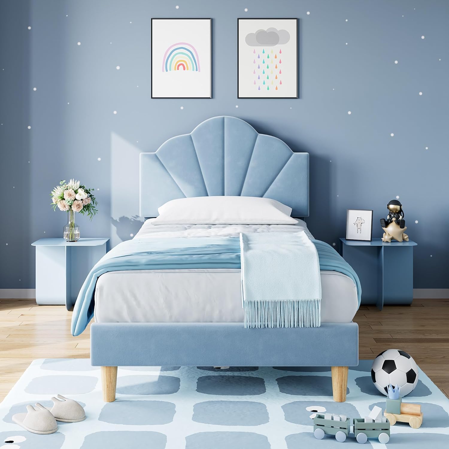 IDEALHOUSE Twin XL Bed Frame, Velvet Upholstered Platform Bed Frame with Height Adjustable Headboard for Boys & Girls, Wood Slat Support, Easy to Assemble, No Box Spring Needed, Light Blue