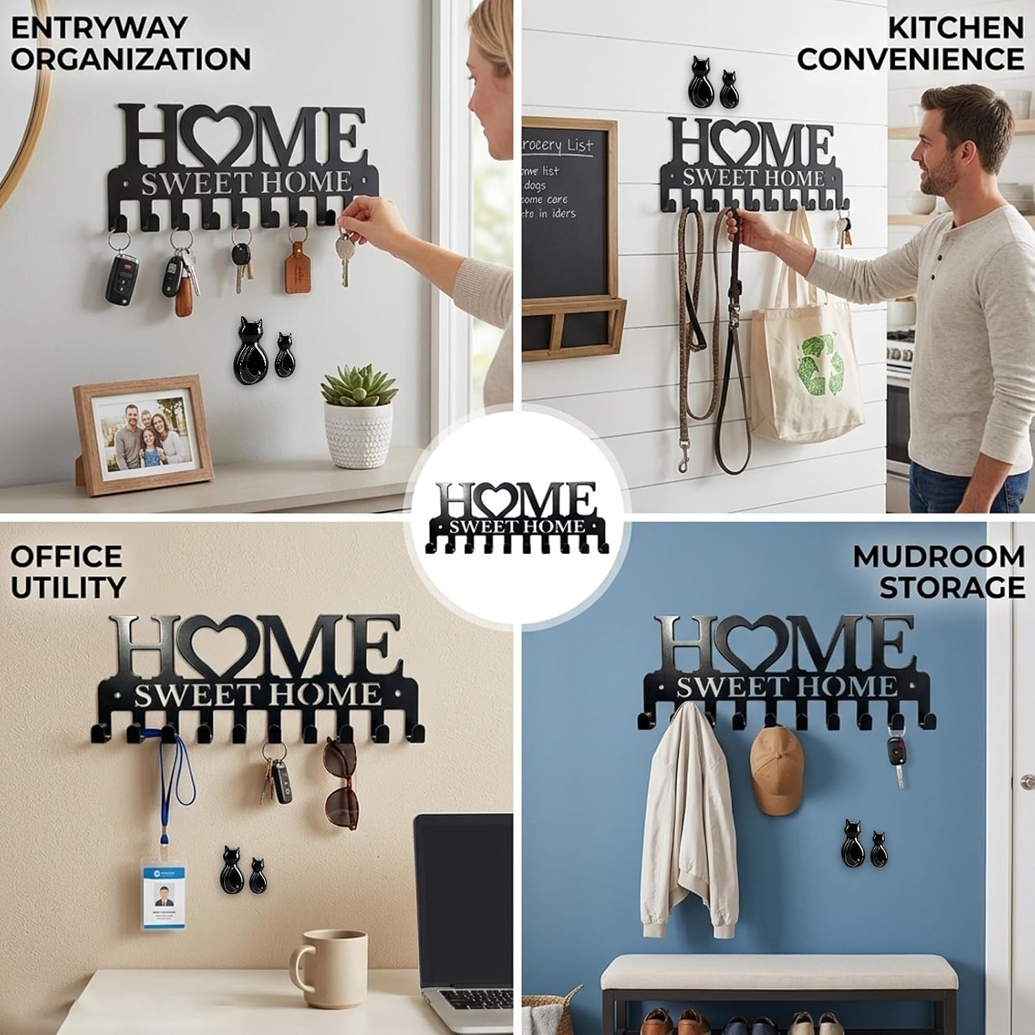 Entryway Wall Key Holder with 5 Hooks, 10 * 4 Inch Metal Hook Set, Wall Organizer with Durable Construction, Space Saving Design for Home and Office Use,Give Away Two Cat Hooks