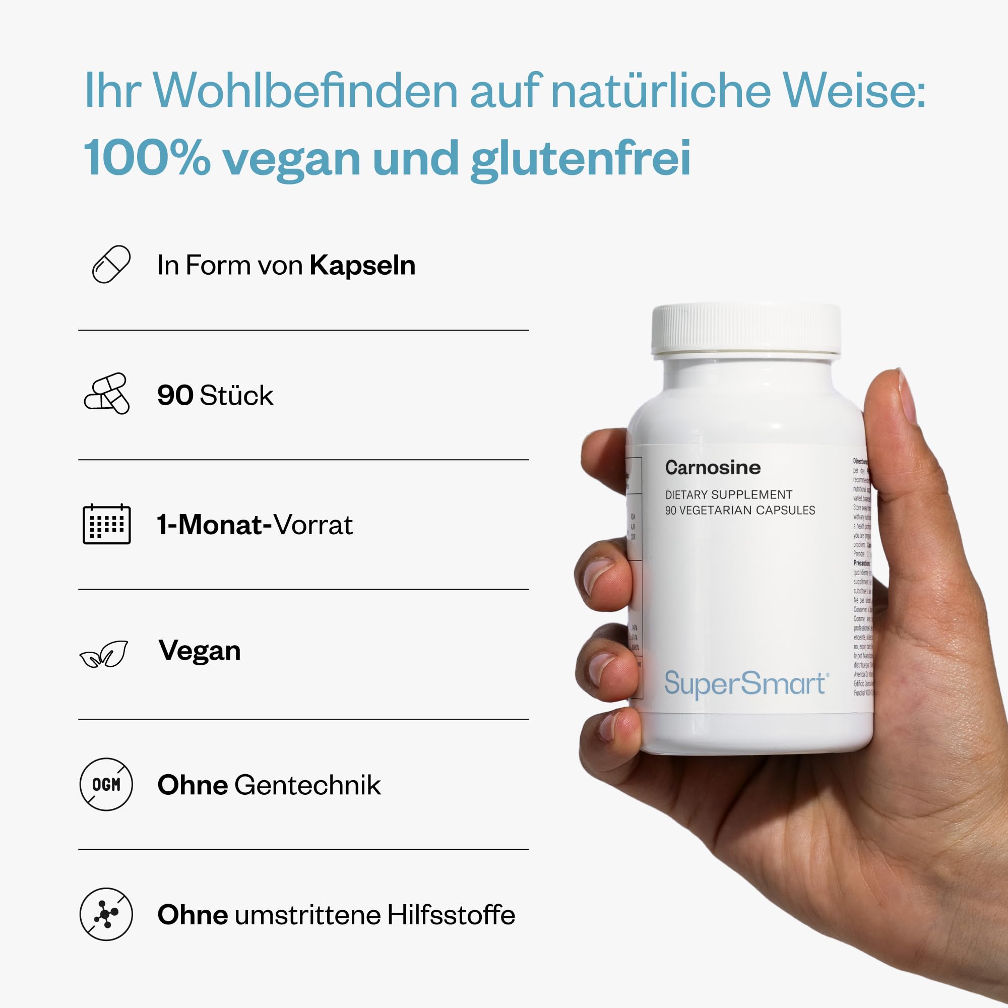 Carnosin (L-Carnosin) - Hilft, Glykierung zu Reduzieren - Zellschutz - Anti-Ageing Wirkung - Vegan - Glutenfrei - SuperSmart