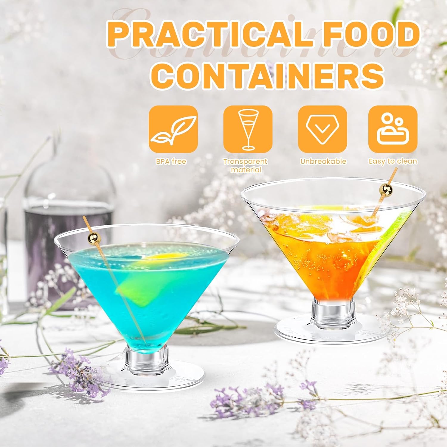 20 PCS Disposable Plastic Martini Glasses with 20 PCS Golden Cocktail Sticks, 5 Oz Stemless Cocktail Glasses, Transparent Dessert Cups for Wine Champagne Party Appetizers