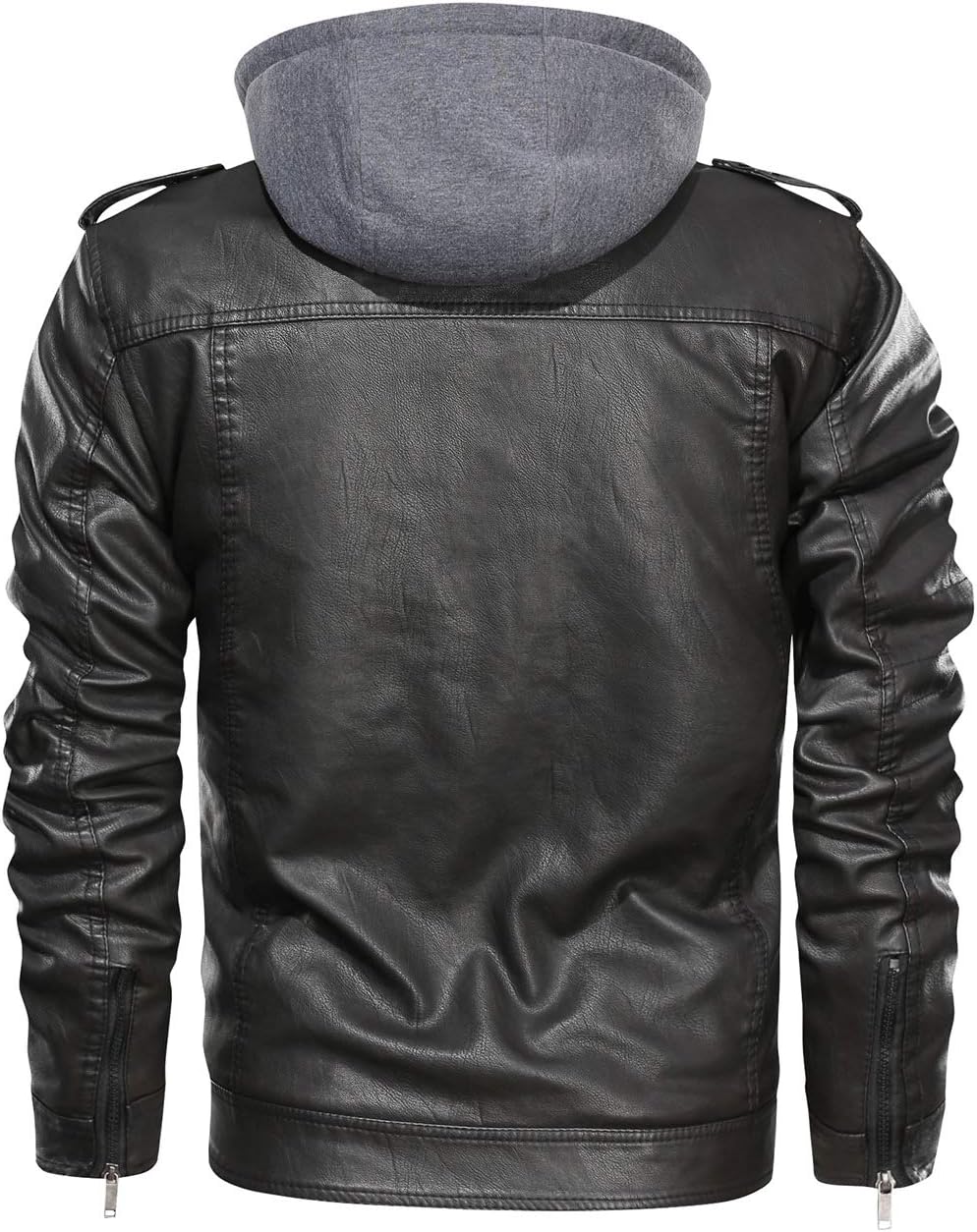 HOOD CREW Men’s Black Brown Coffee Stand Collar Warm PU Faux Leather Zip-Up Motorcycle Jacket with a Removable Hood - Image 5
