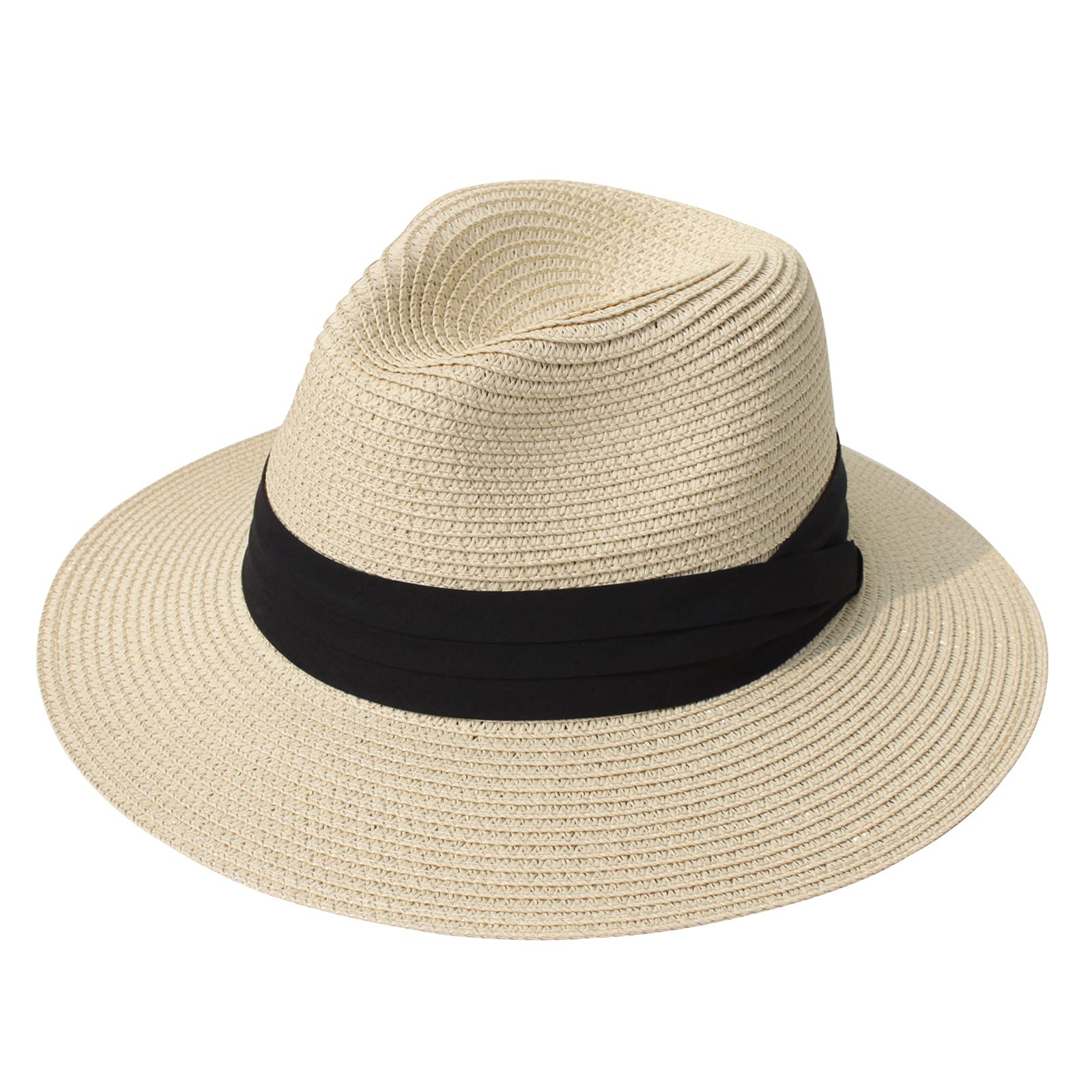 DRESHOW Women Straw Panama Hat Fedora Beach Sun Hat Wide Brim Straw Roll up Hat UPF 50+