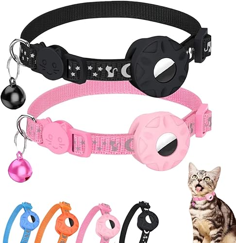 Morbuutii Paquete de 2 collares para gatos AirTag con soporte para AirTag de Apple, collar reflectante para mascotas con campana, bonito patrón de