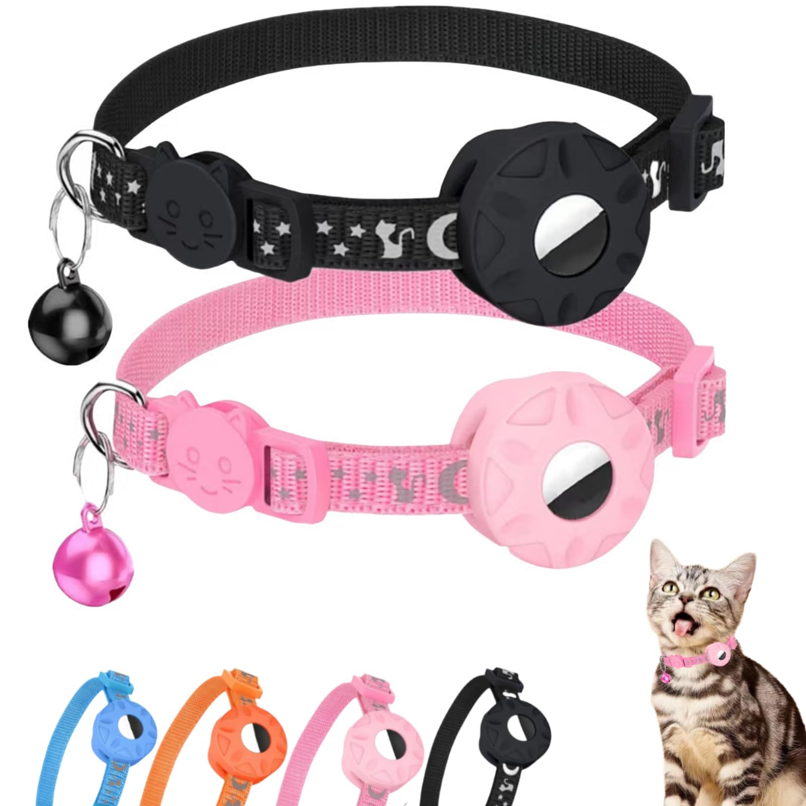 Morbuutii AirTag Cat Collar 2Pack,Breakaway Kitten Tracker with Apple AirTag Holder,Reflective Pet Collar with Bell,Cute Moon&Star Pattern Charming for Kitty Puppy and Small Animall(1Black&1Pink) โ image 1