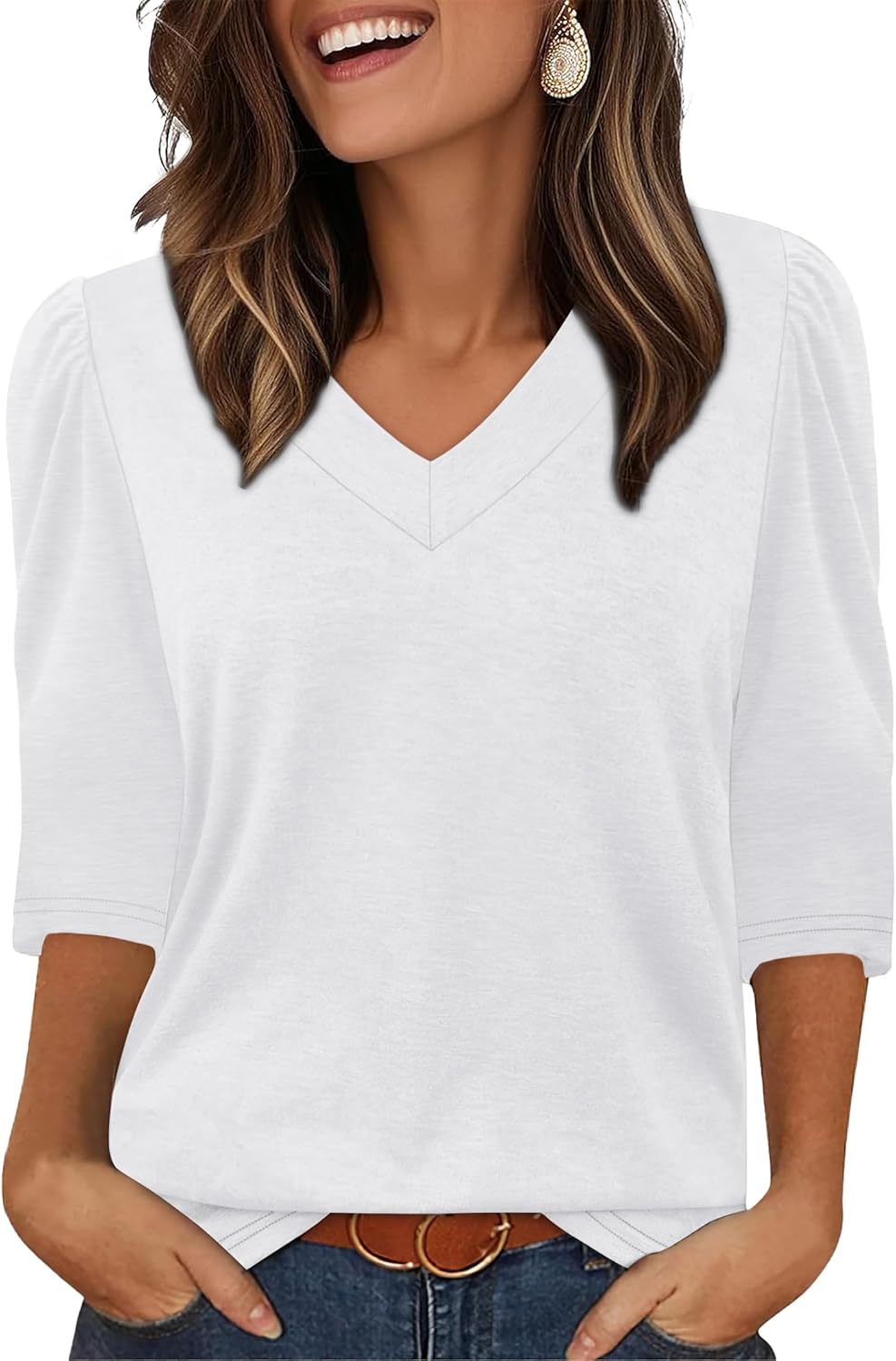 OFEEFAN Women’s V Neck Shirts 3/4 Length Puff Sleeve Blouses Curved Hem Long Tunic Tops Dressy Casual S-3XL