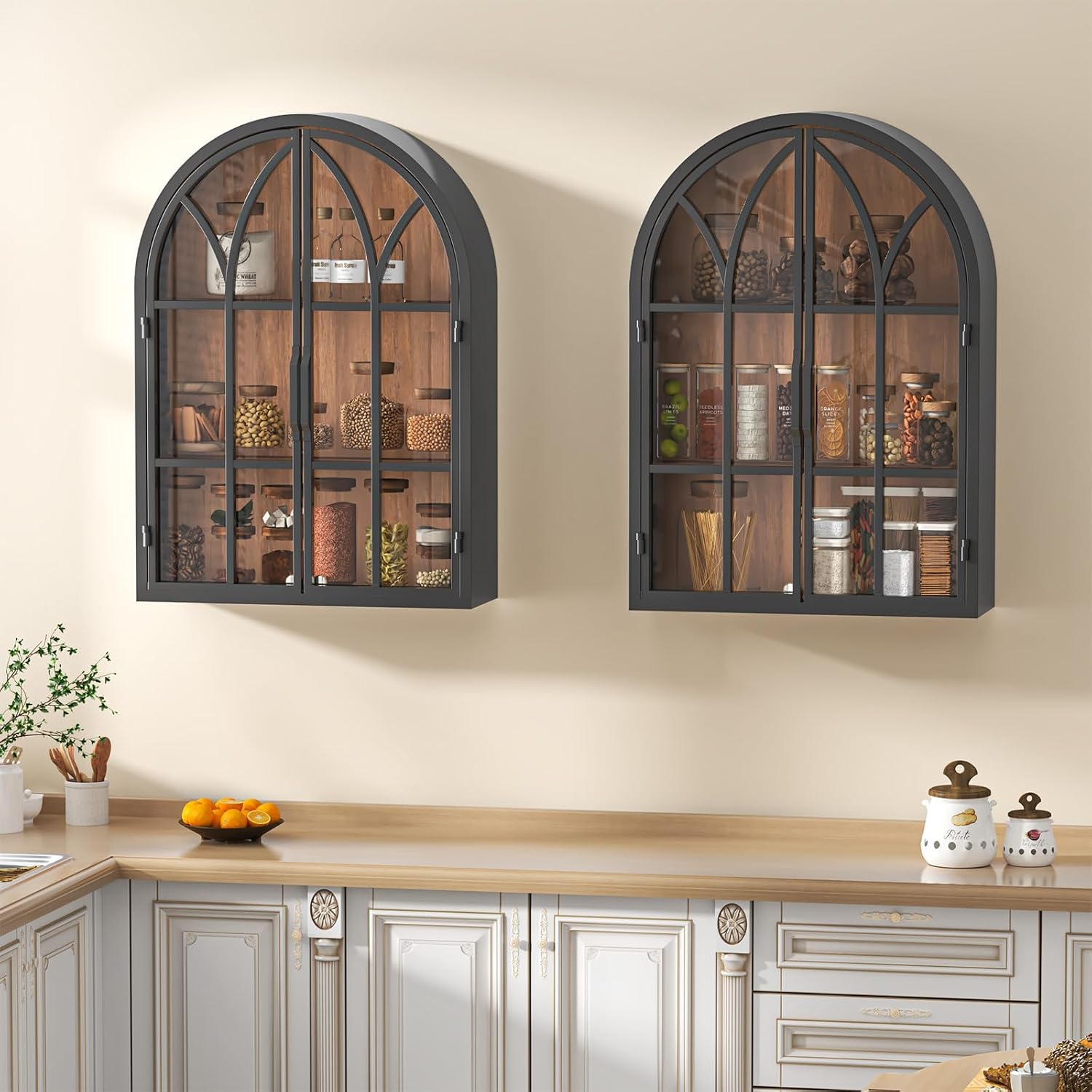 Bathroom Arched Wall Cabinet with Glass Door - NO Assembly Required - Handmade Metal Arch Medicine Cabinet Wall Mounted, Over The Toilet Hanging Storage Cabinet with Wooden Shelf, Style 4