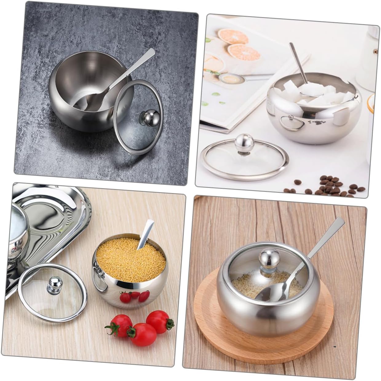 4sets Stainless Steel Spice Jar Lid and Spoon Portable Seasoning Container for Sugar Salt Pepper and More Kitchen Storage for Home Cooking