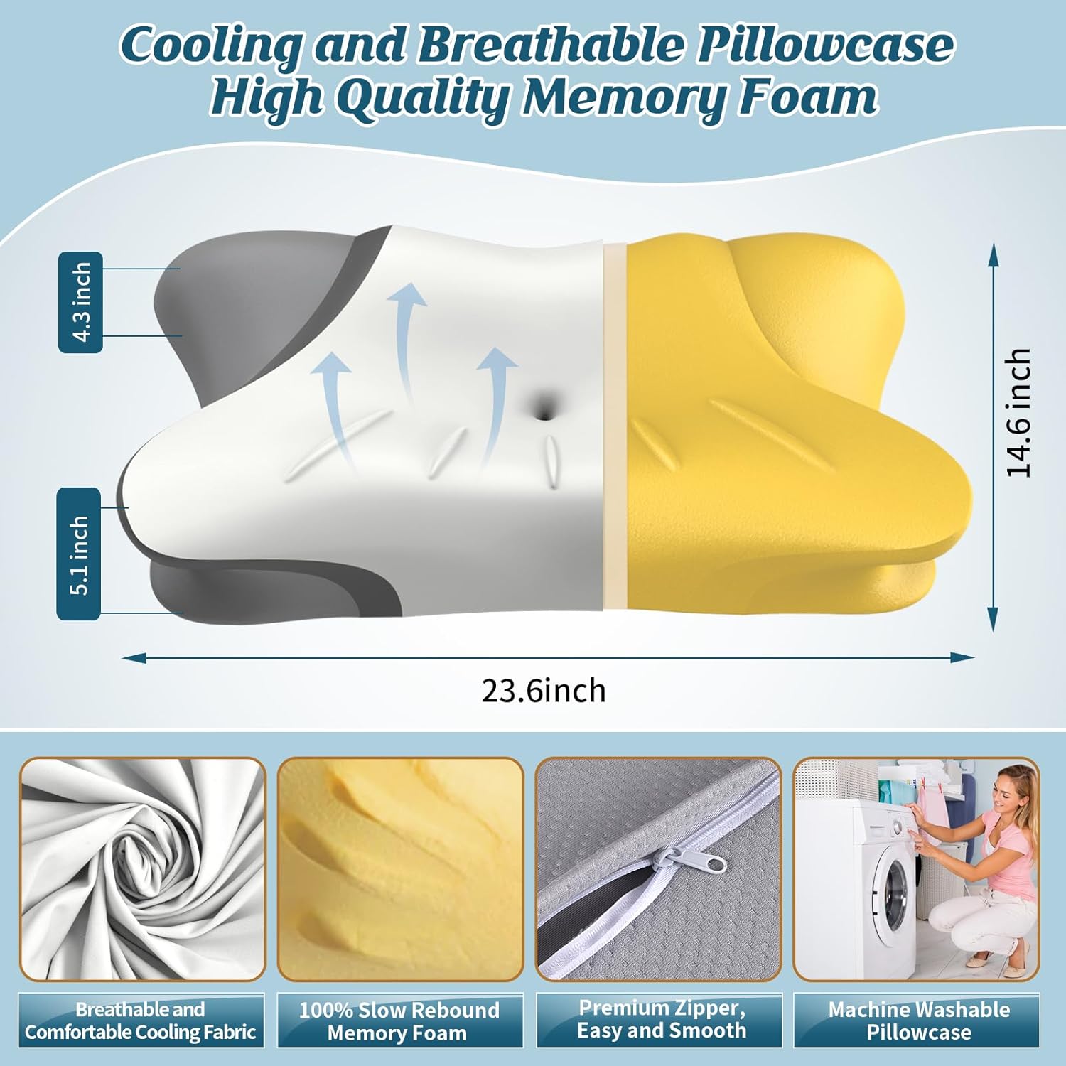 Cervical Neck Pillow for Pain Relief, Bed Pillows for Sleeping, Ergonomic Cooling Pillow, Orthopedic Contour Pillow for Side Back Stomach Sleepers,Neck Support Memory Foam Pillows with Pillow Covers - Image 3