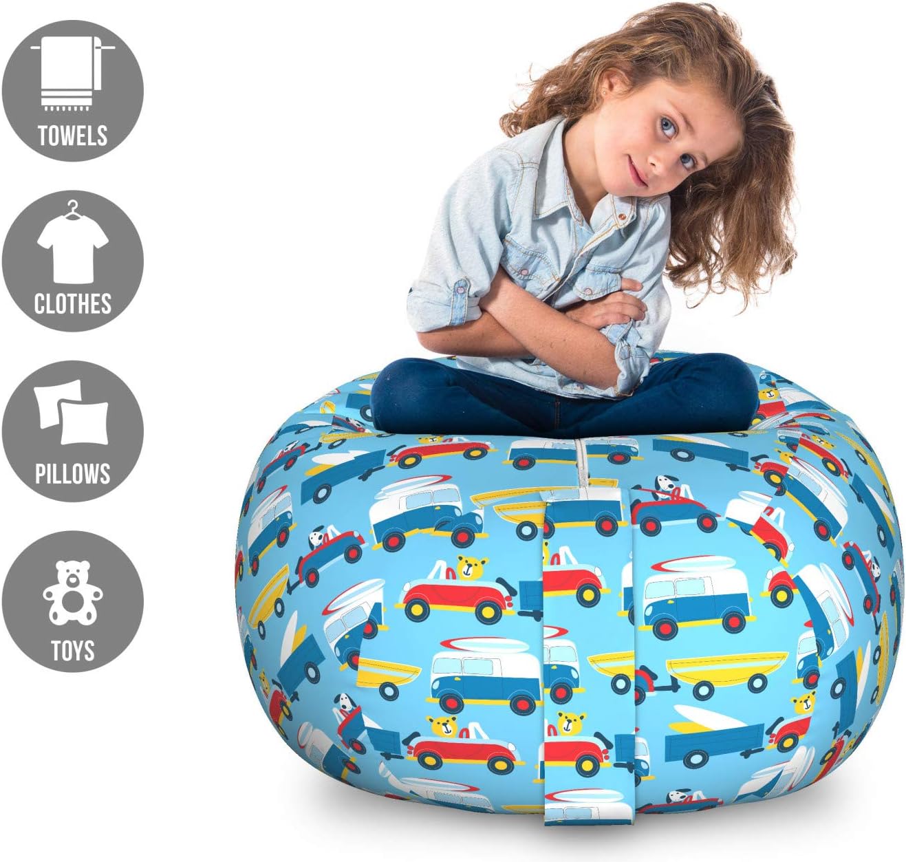 Ambesonne Cartoon Storage Toy Bag Chair, Puppy in Cars Traffic Jam Surfboard Beach Road, Stuffed Animal Organizer Washable Bag, Large Size, Sea Blue Earth Yellow