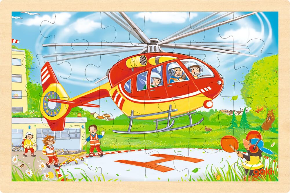 goki 57301 Puzzle à insérer hélicoptère/pompier, 24 pièces en bois imprimé des deux côtés, pour un double plaisir de puzzle, 30 x 20 cm