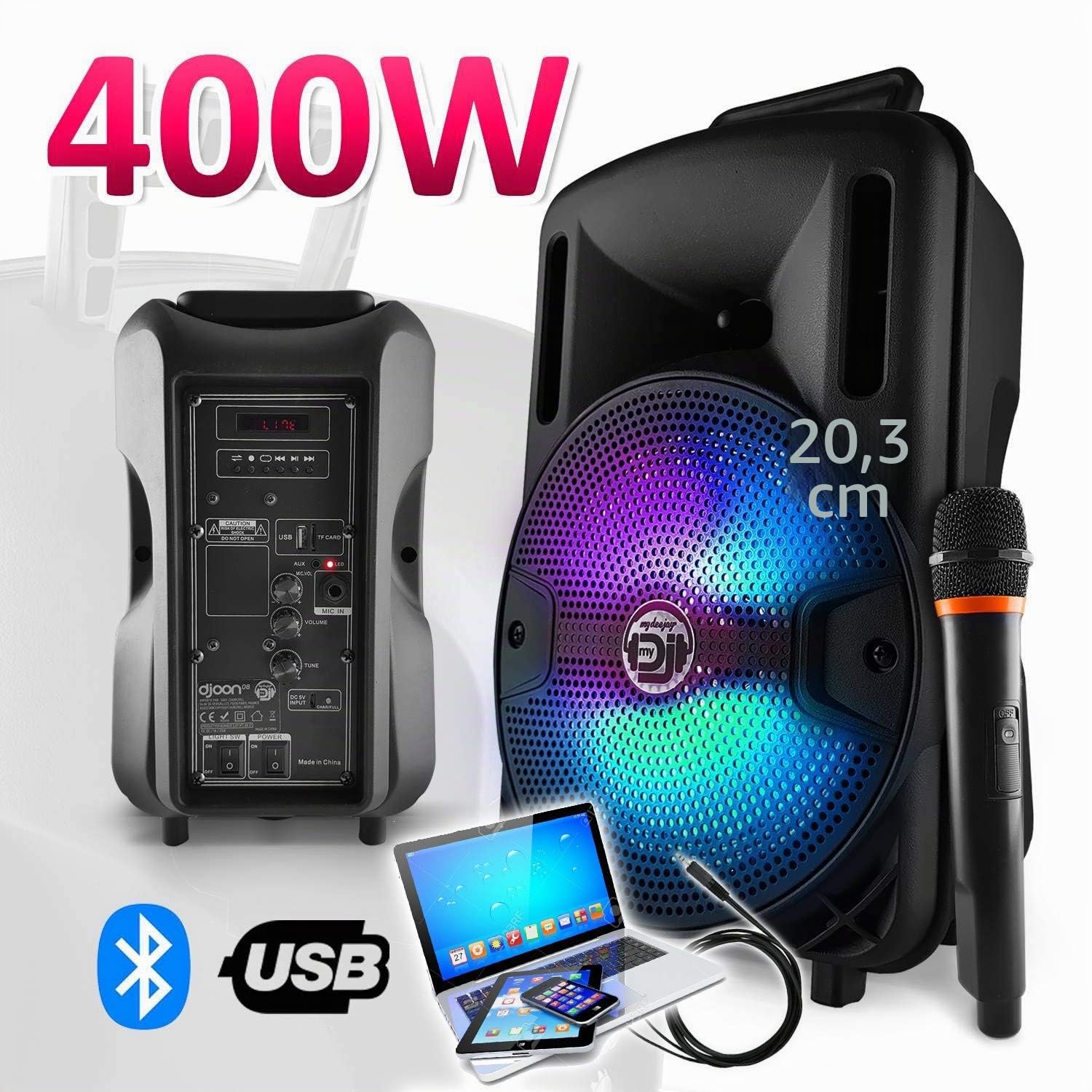 Enceinte karaoké batterie sono 400W 8" LED USB/SD/BLUETOOTH + Mic - MyDJ DJOON08 + CABLE PC SMARTPHONE TABLETTE