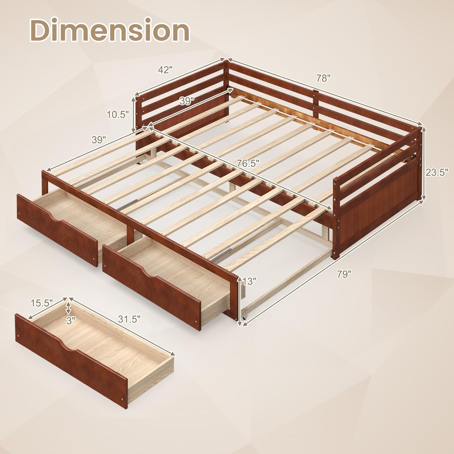 Detailed dimension diagram of the KOMFOTT Wood Daybed, showing measurements for length, width, height, and drawer sizes.