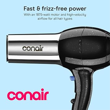 Conair Ionic Hair Dryer with Concentrator Attachment, 1875W, Full Size | Fast-drying blow dryer with various heat and speed settings and a lightweight design for effortless everyday styling