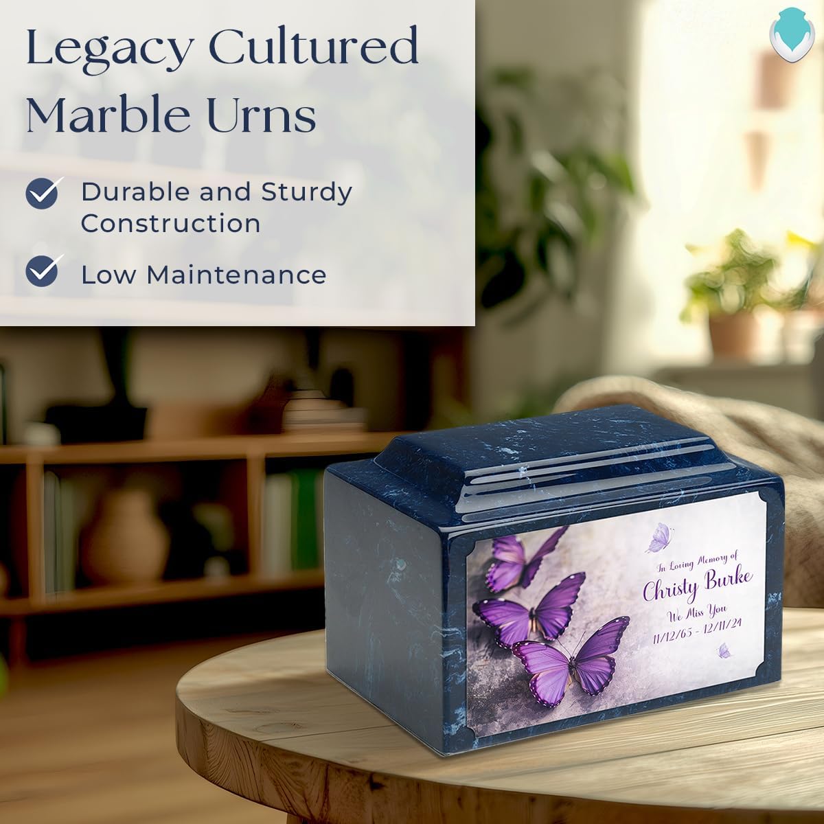 GetUrns Cultured Marble Urn Vault by Mackenzie with Personalized Butterfly and Text for Human Ashes I Navy Adult Urns for Male and Female I 210lbs